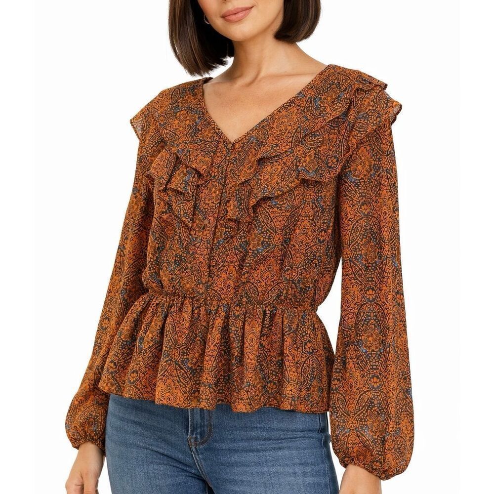 Scoop orange and blue boho ruffled blouse side M 8-10